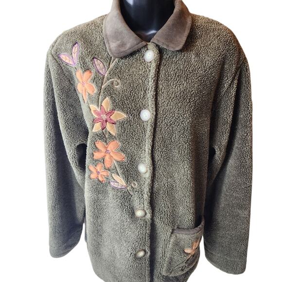 Teddi Floral Embroidered Sherpa Fleece Jacket Women Large Cozy Fall Cottagecore - Picture 4 of 15